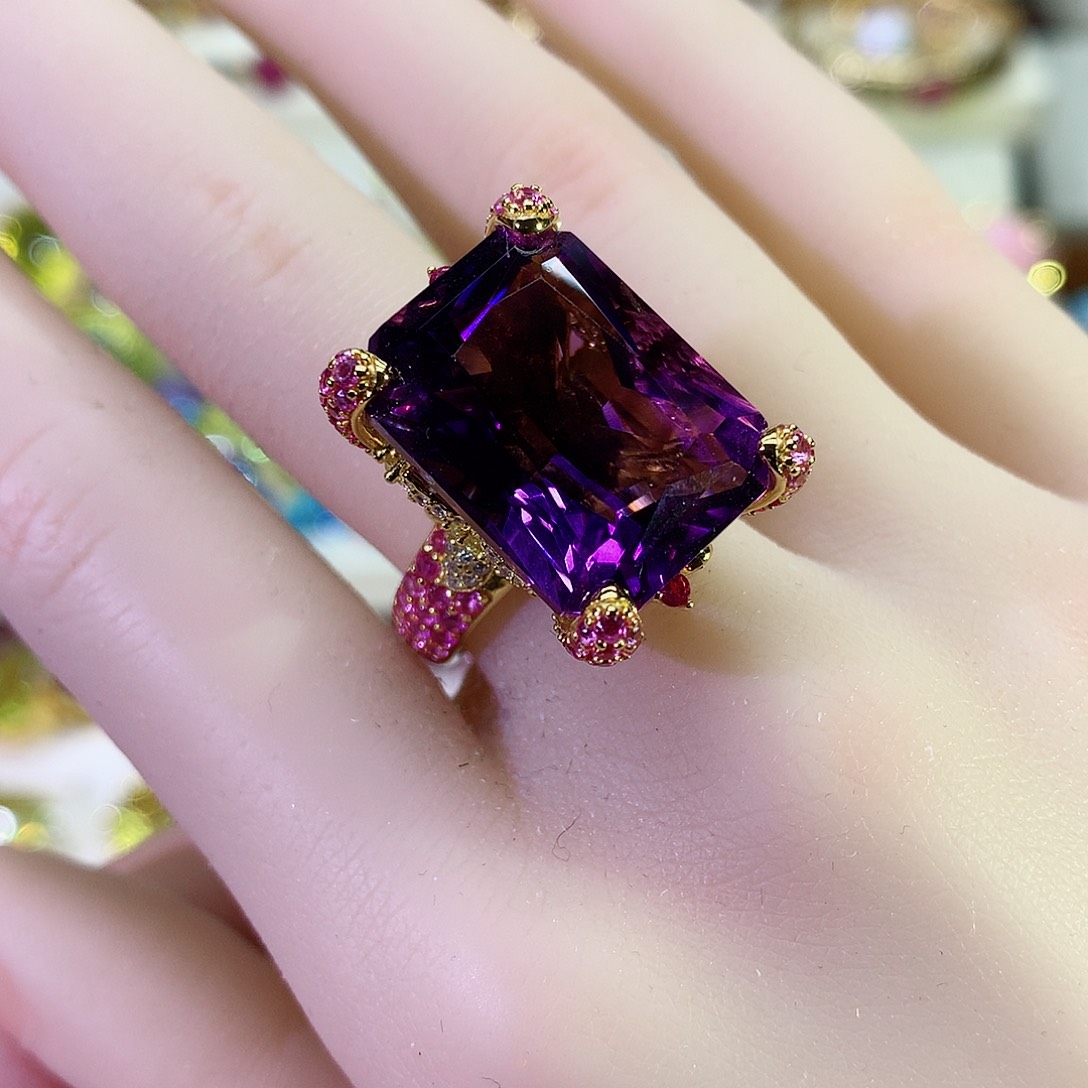 紫晶戒指银S925镀金镶嵌
