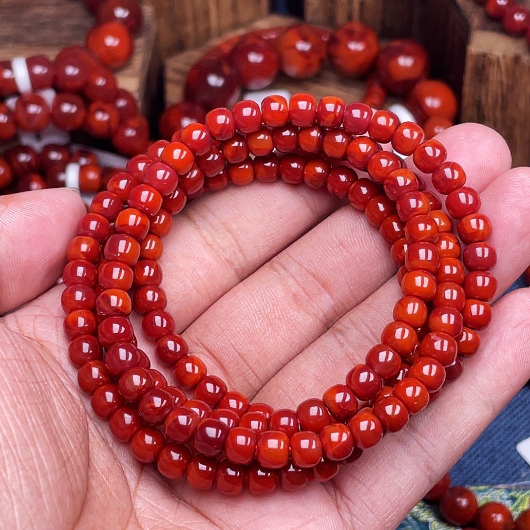 得***子南红玛瑙未镶嵌珠链南红瓦西卡6偏锦红老型多圈原矿