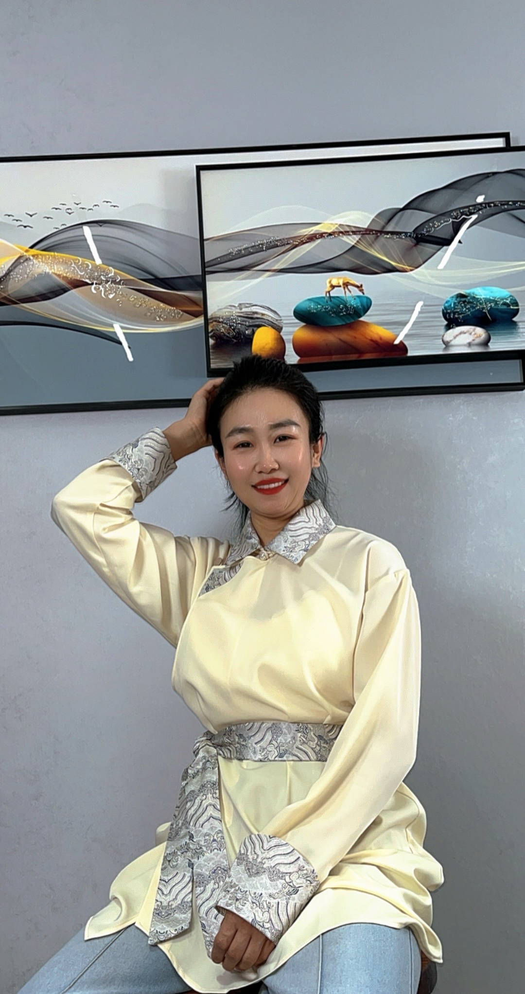 【蓝印圣火】蒙元素时装韩系山水提花面料翻领中长款衬衫上衣衬衣