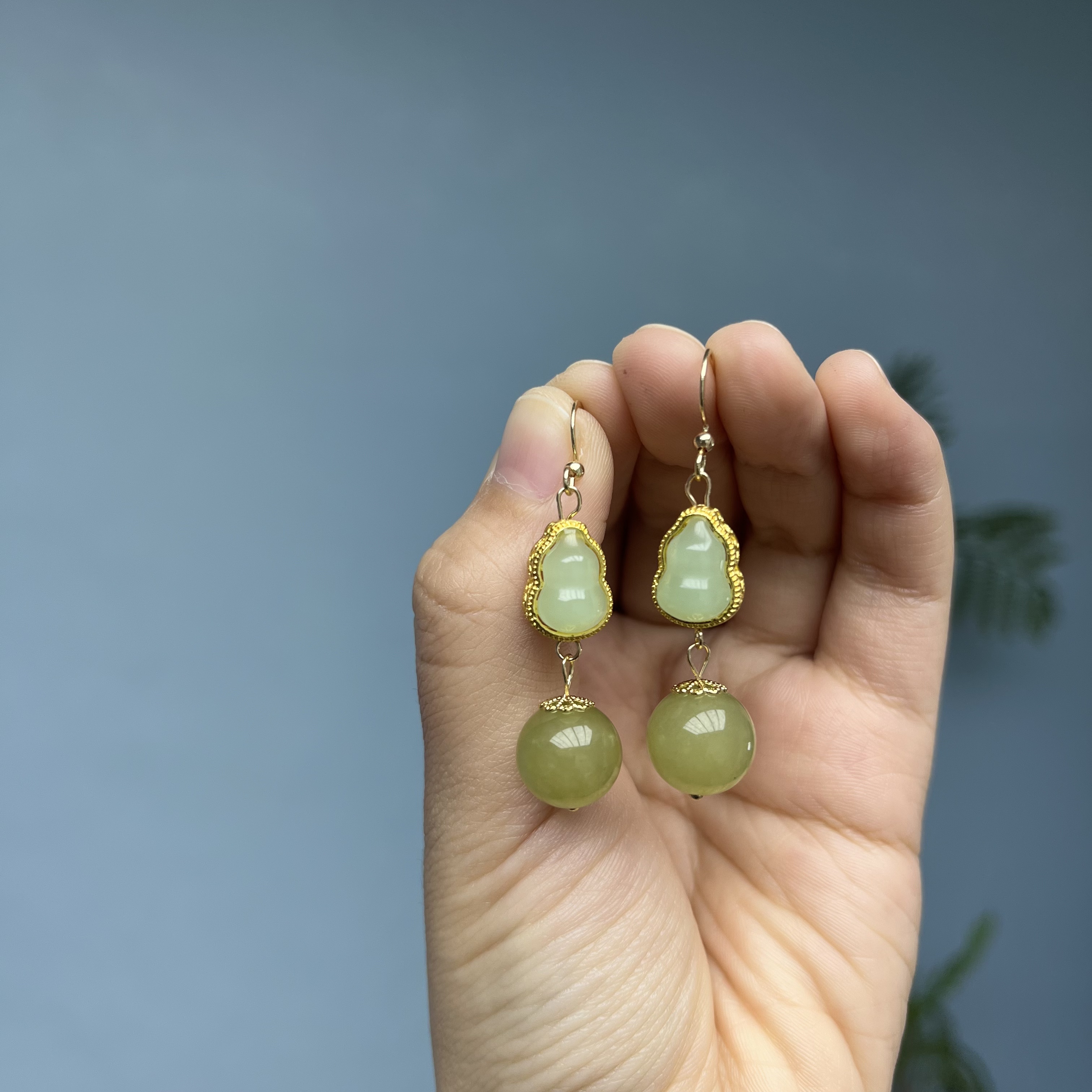 和田玉14k葫芦圆珠耳钩