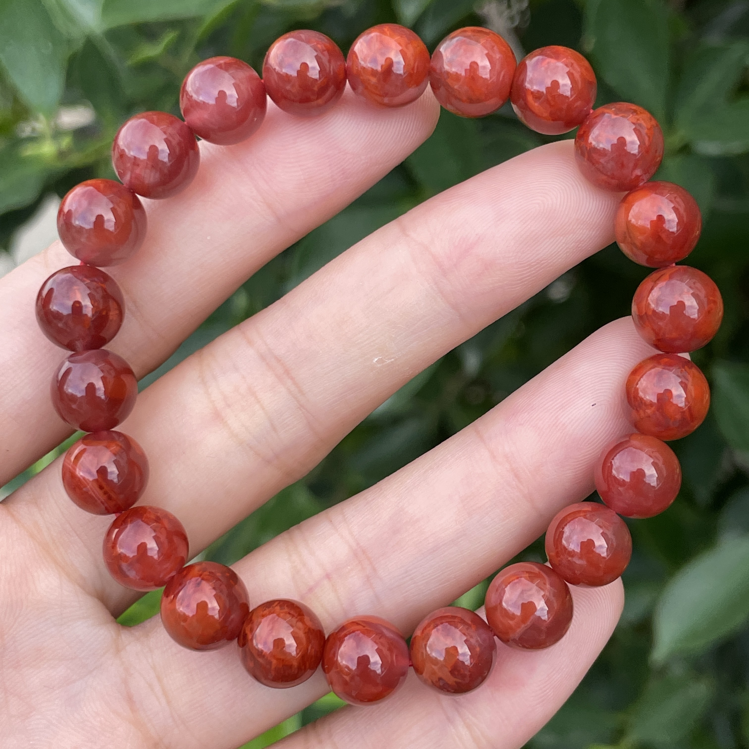 精品南红9mm单圈手串，颜色红润，妖孽火焰纹，