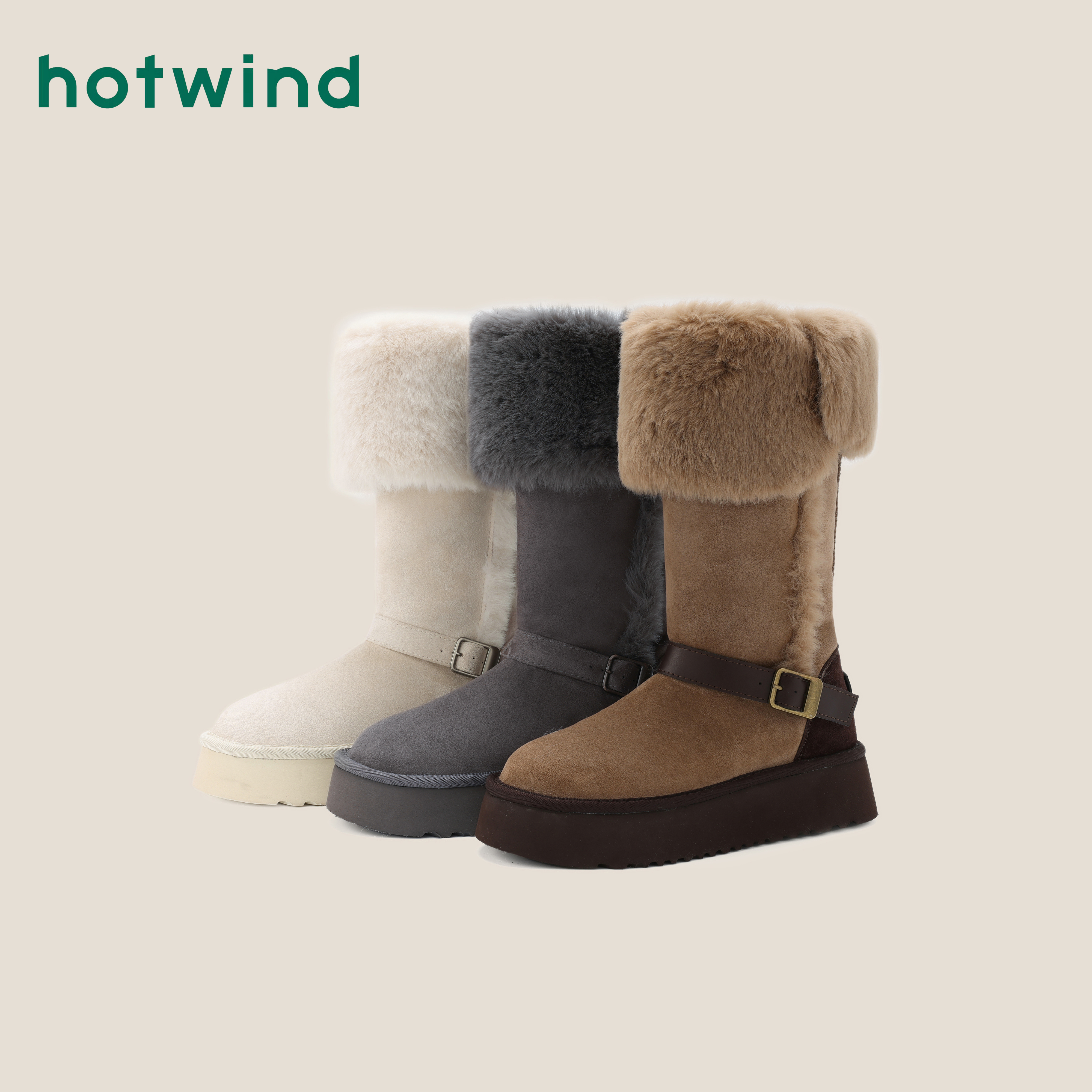 Hotwind/热风翻边厚底搭扣雪地靴女加绒冬季长筒靴子棉鞋