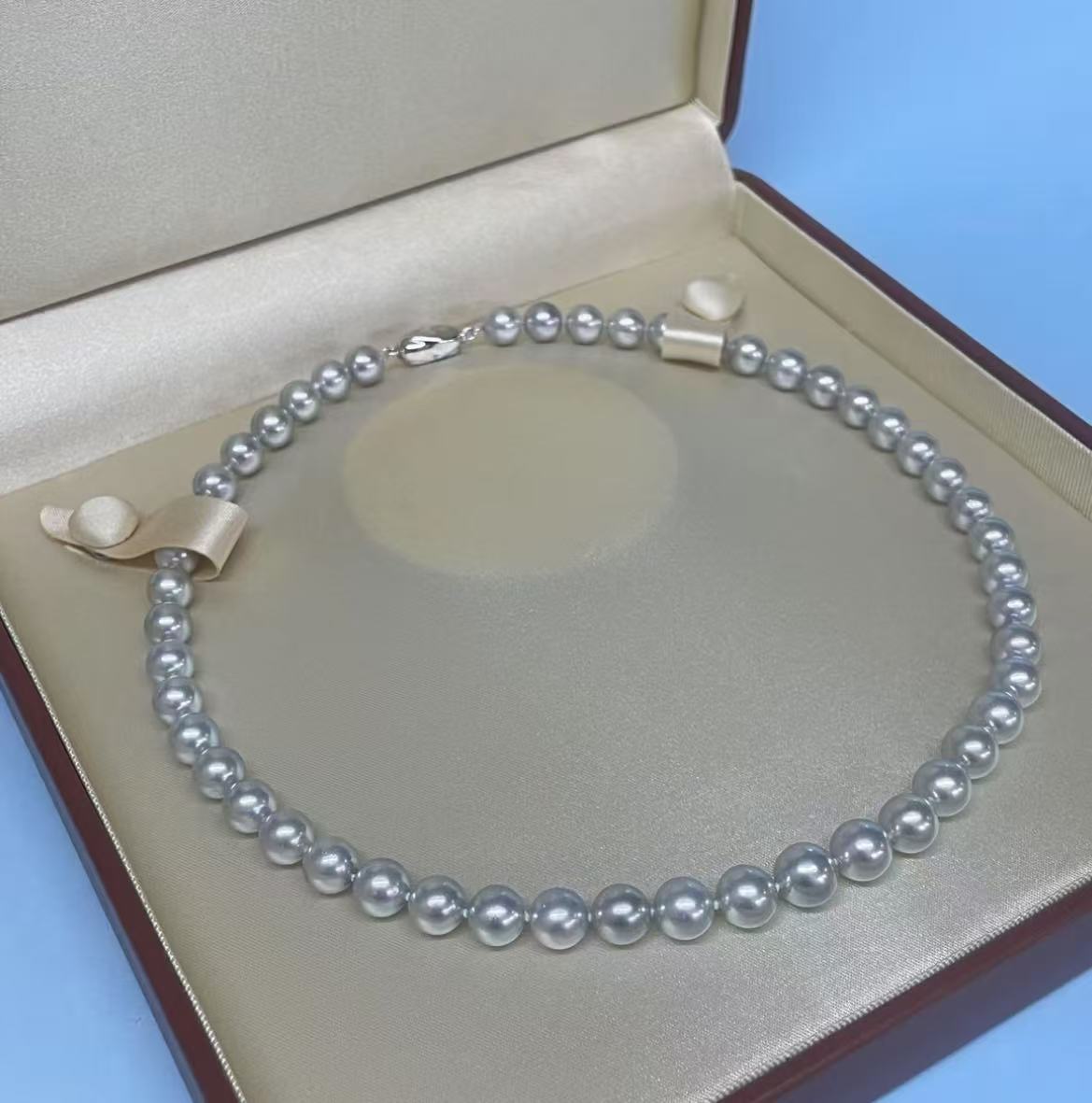 日本AKOYA天然海水珍珠真多麻色8-9mm项链S925银扣时尚百搭气质