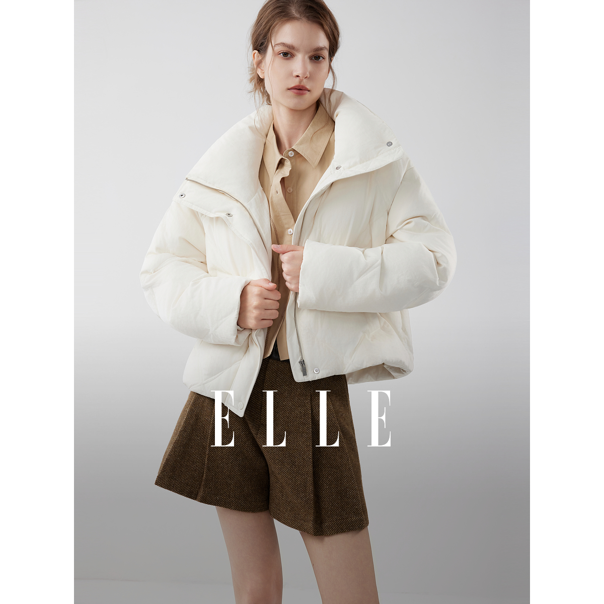 ELLE女装90白鸭绒菱格羽绒服2025冬季新款通勤廓形外套EY52199