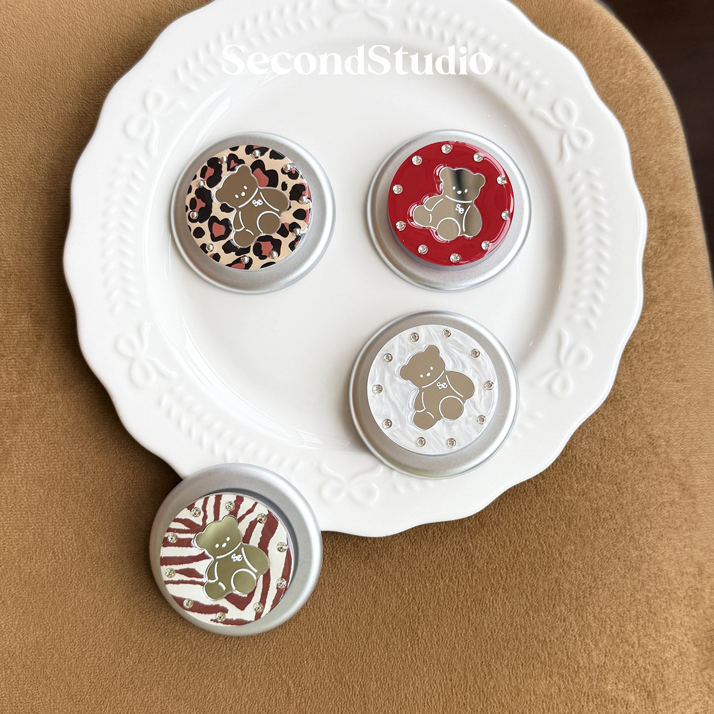 secondstudio小众原创镜面小熊创意可爱磁吸支架复古豹纹气囊支架