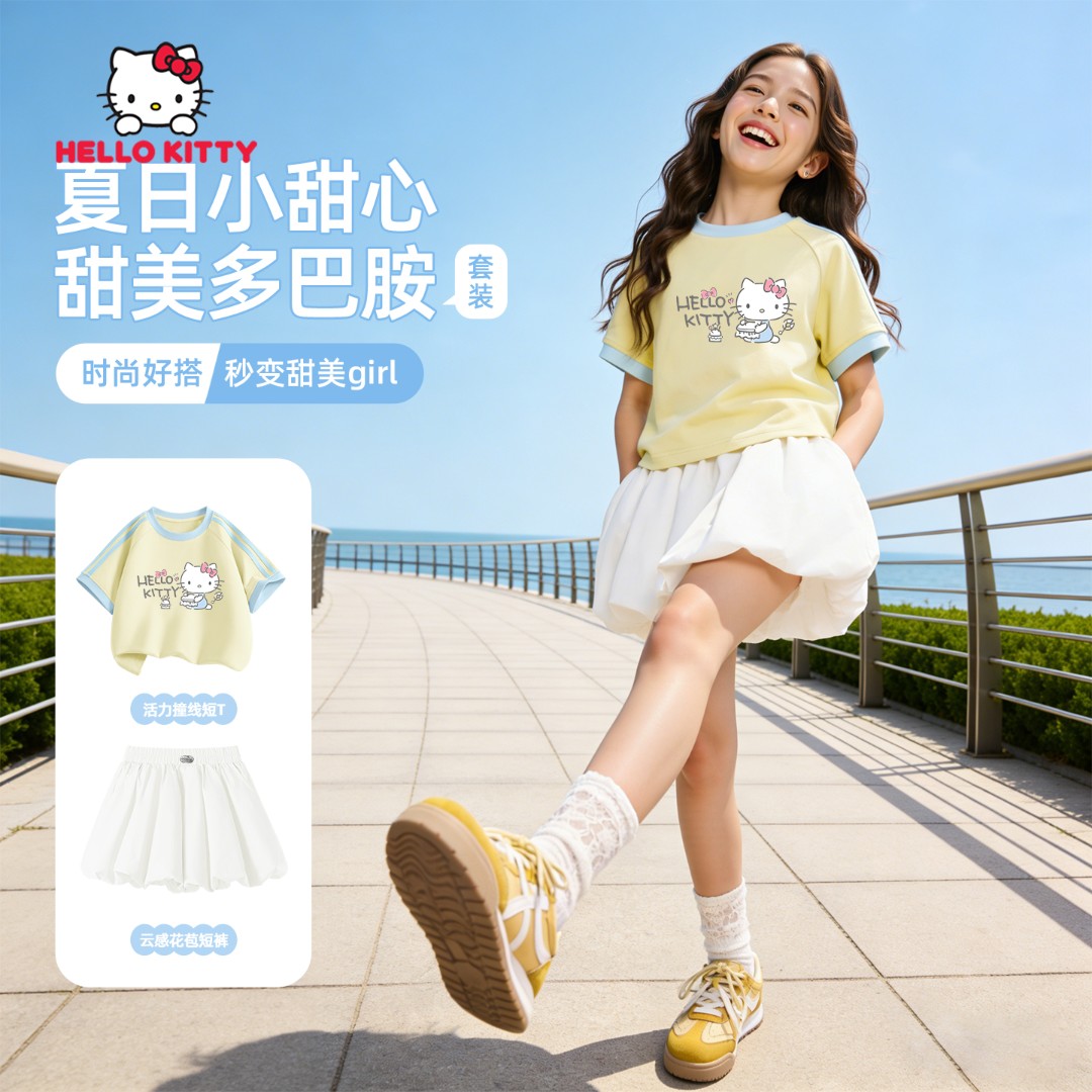 Hello Kitty女童夏季套装2026新款女孩时尚云感T恤衫短袖裤裙衣服
