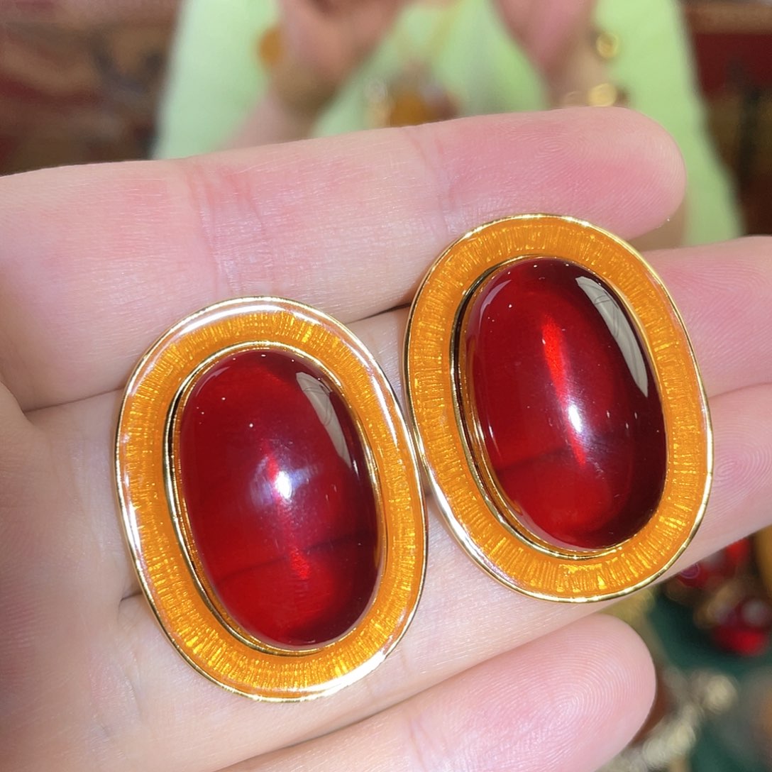 血珀耳钉银S925镀金镶嵌