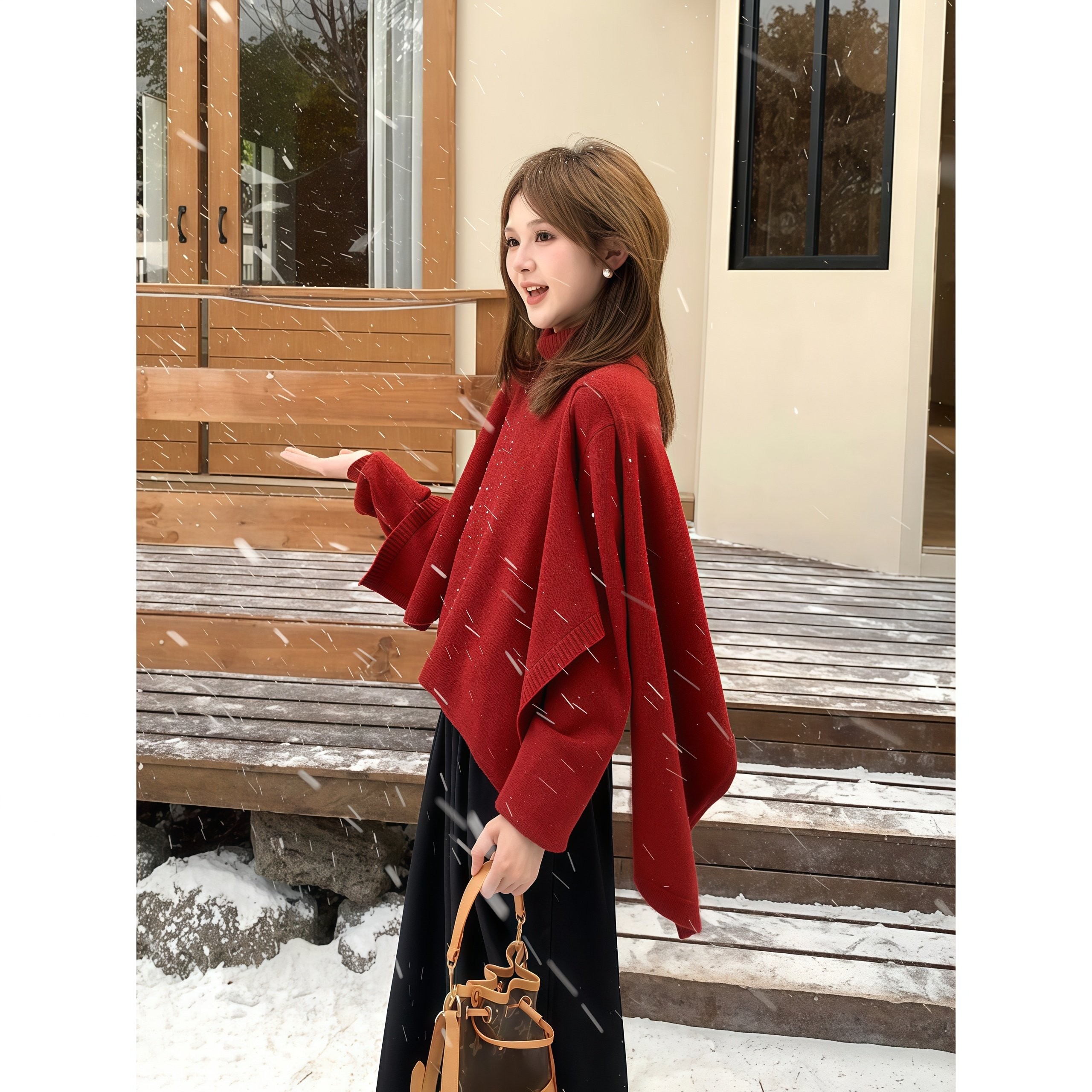 温柔甜美气质高领斗篷针织衫女冬季圣诞新年休闲显瘦内搭上衣套装