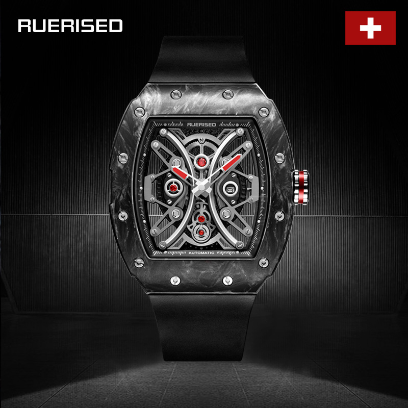 RUERISED希斯德碳纤维黑色镂空面自动机械男表时尚轻奢MA63001G-T