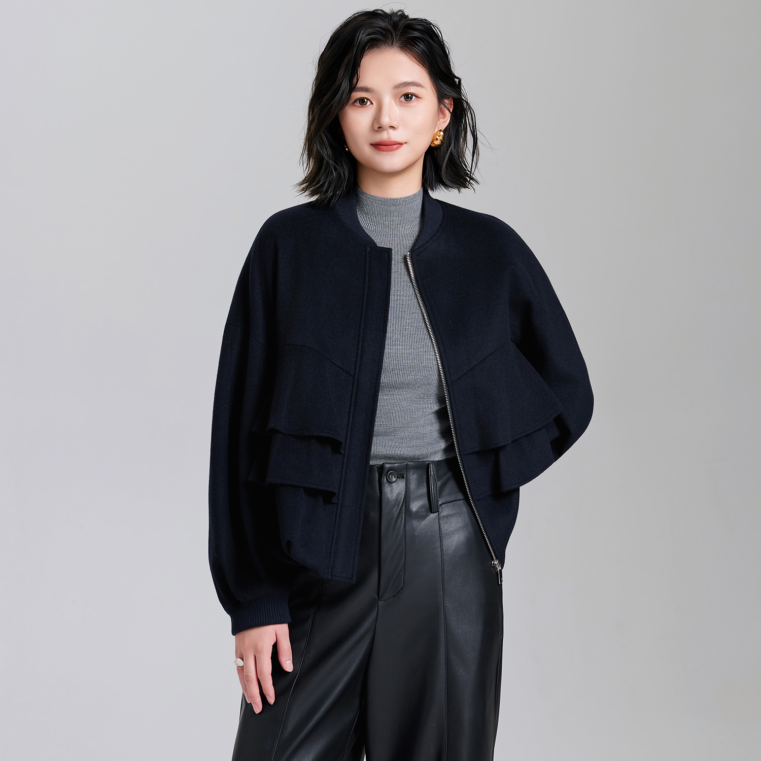 时尚百搭棒球领拉链高端羊绒毛呢短外套花瓣袖秋季简约宽松气质