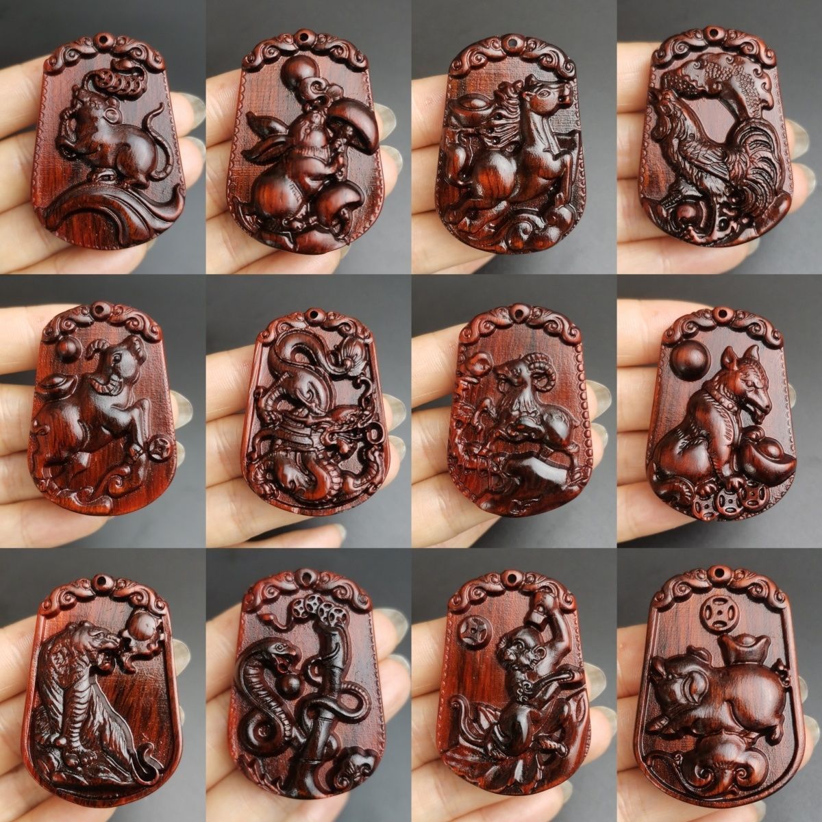 紫檀木吊坠十二生肖守护神护身符红木雕刻工艺品生肖牌挂件