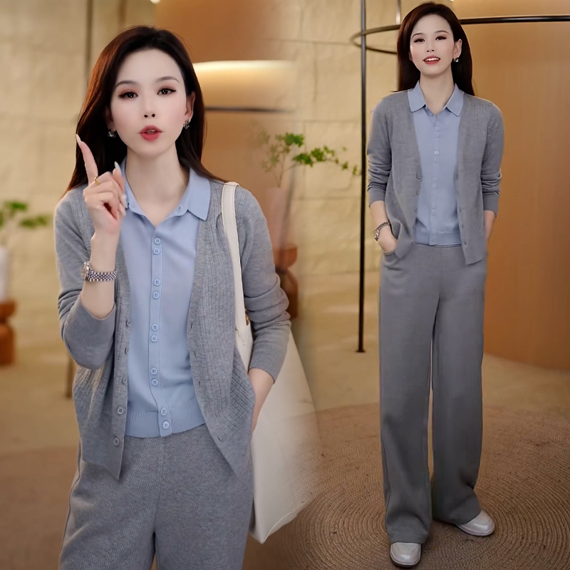 韩版时尚假两件长袖针织衫女2025年春秋新款设计感撞色polo领上衣