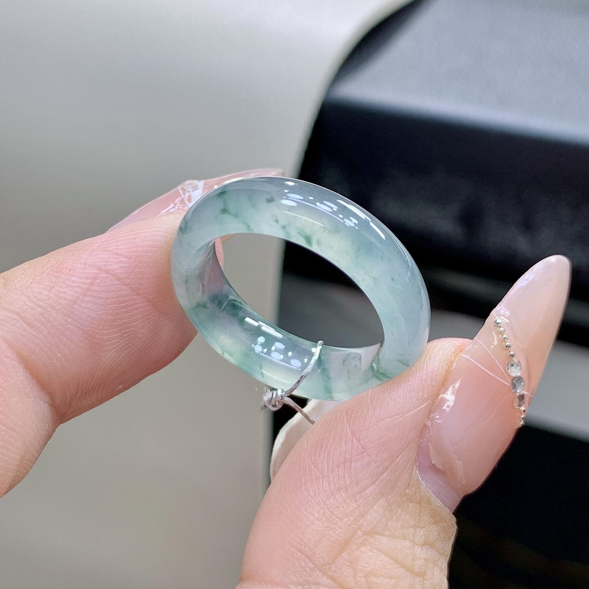 15号 冰种水润飘蓝花缅甸翡翠A货戒圈 内径17.5-6-3.5