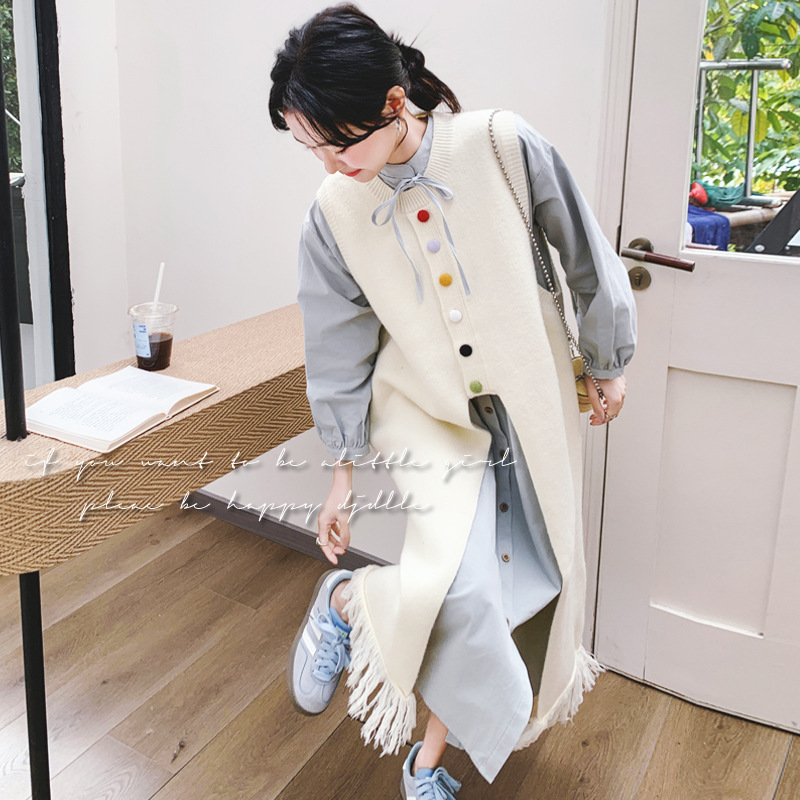 实拍超好看叠穿连衣裙套装女春2025新款针织流苏背心裙衬衫两件套