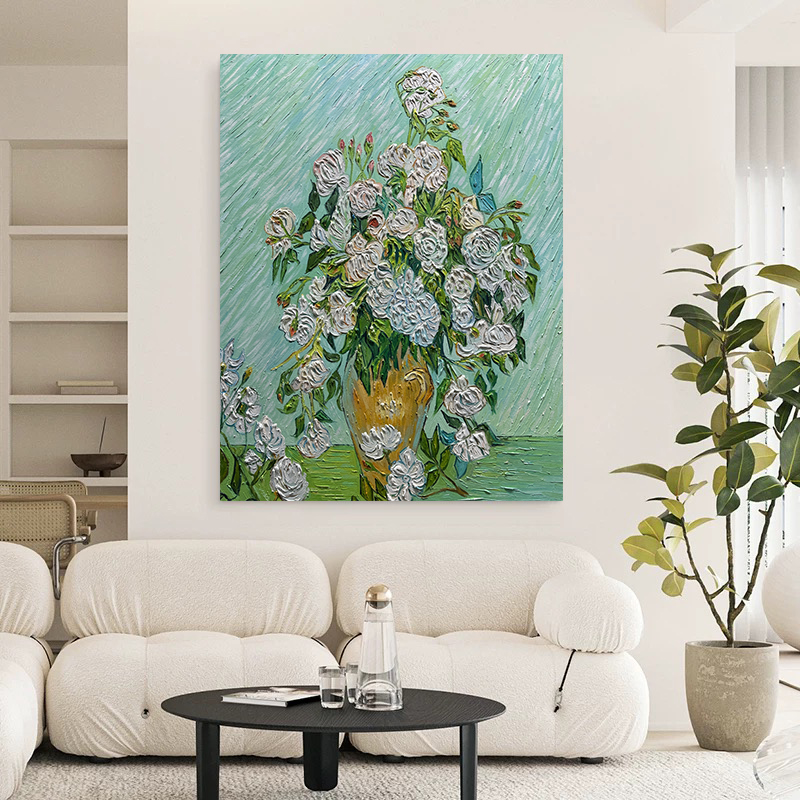 （印象白玫瑰）手绘油画梵高印象竖版挂画客厅装饰画玄关世界名画