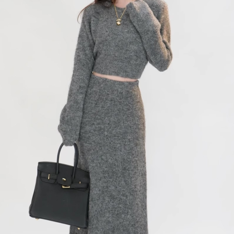 小香慵懒风蓝色针织毛衣套装连衣裙子女秋冬季韩系穿搭长裙8752