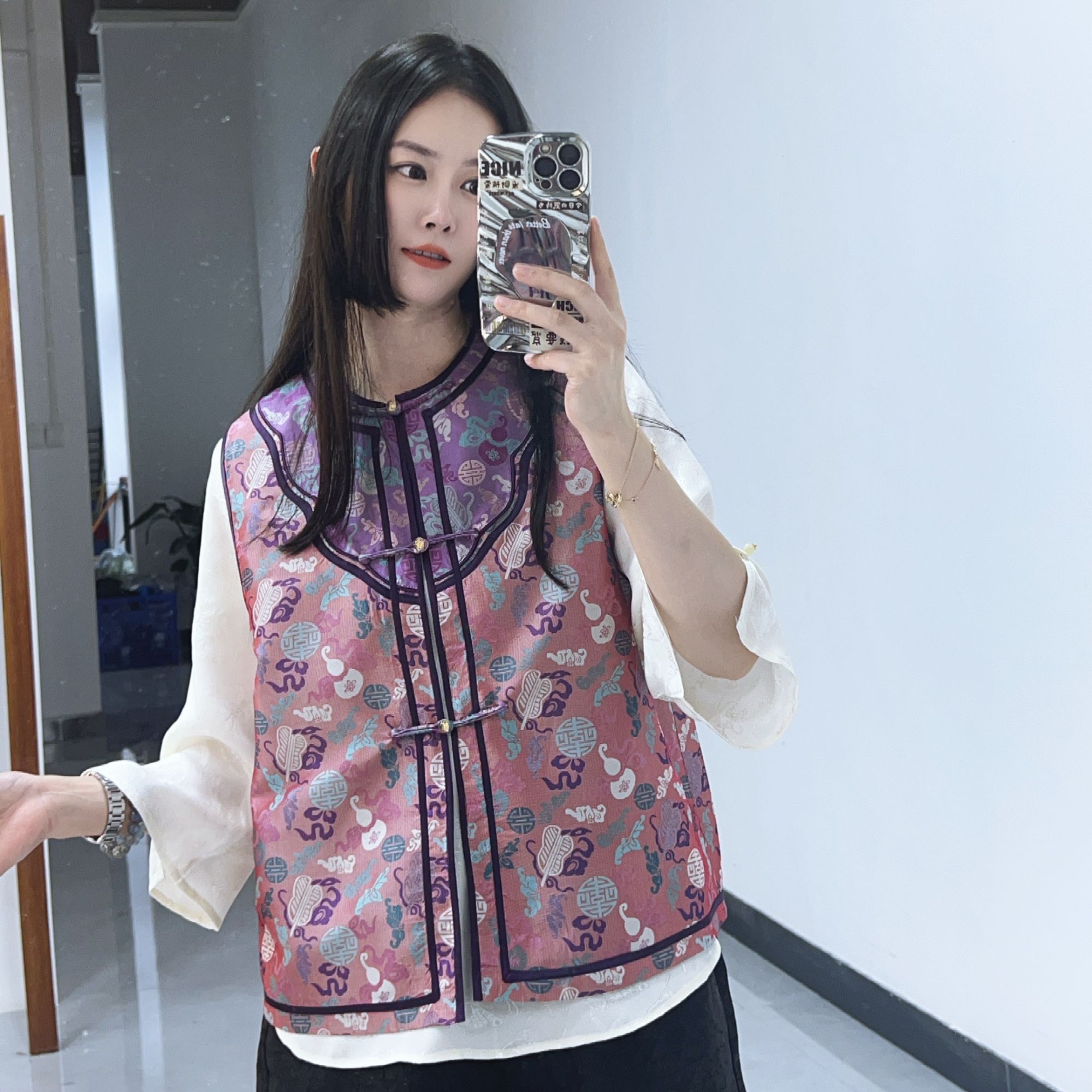 粉紫云肩葫芦高定蜀锦桑蚕丝马甲复古风盘扣无袖马甲女
