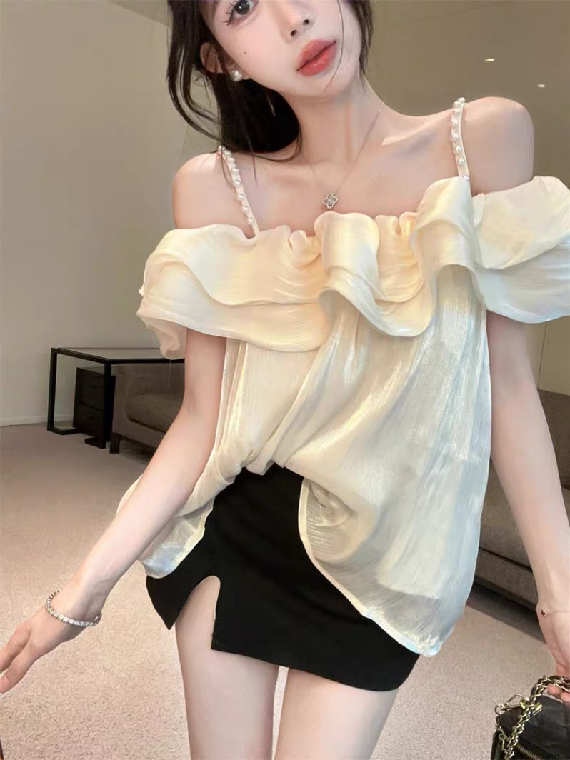 法式名媛风超仙波浪边一字肩吊带衬衫夏季别致设计感小众上衣女装