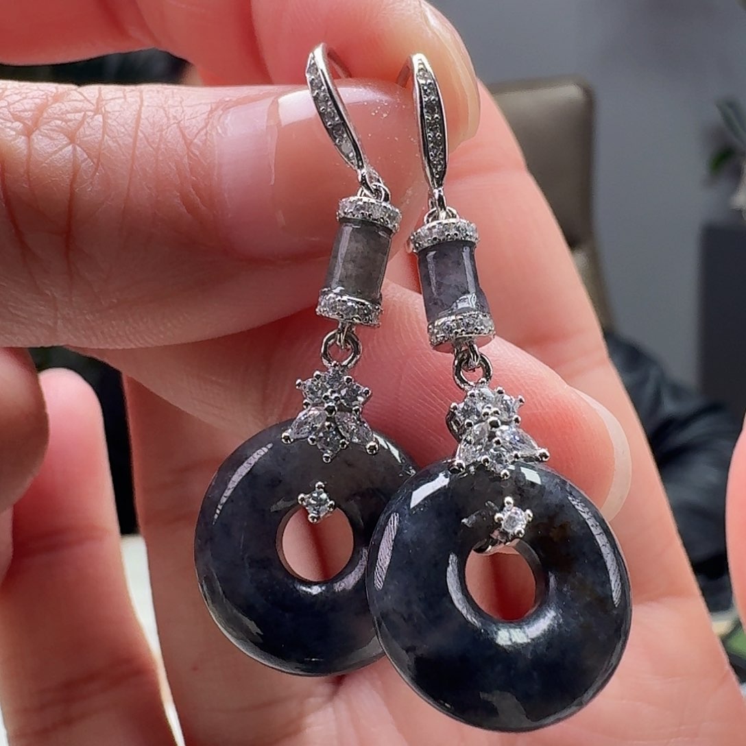 翡翠耳饰银S925镶嵌天然