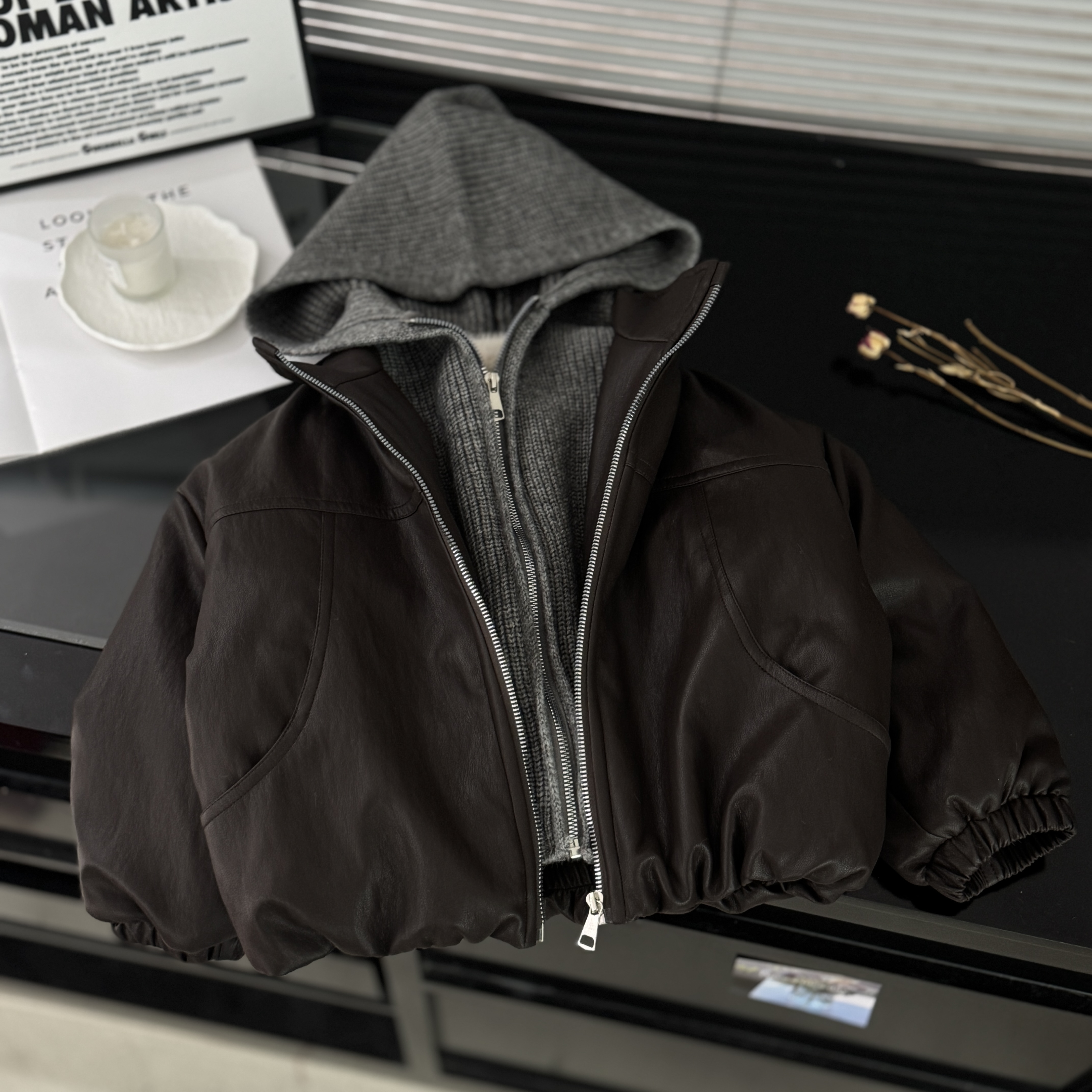 2025冬季加绒新款韩版休闲洋气宽松韩系假两件拼接连帽皮衣70718