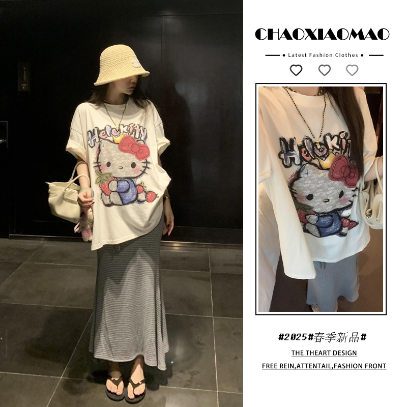2025年春夏新款韩穿搭套装女甜美松驰感Kitty猫上衣条纹裙两件套