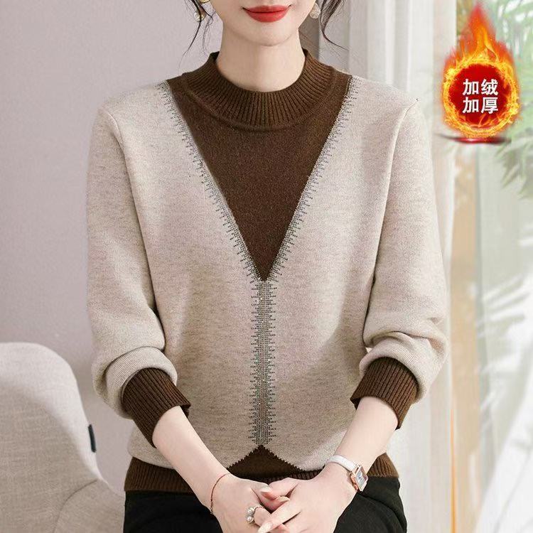 假两件针织衫毛衣秋冬季新款加绒加厚上衣妈妈烫钻气质打底衫9122