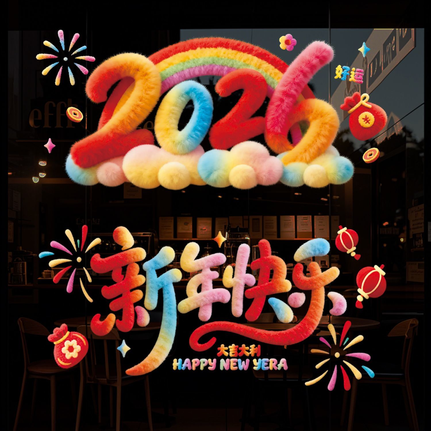 2026新年毛绒5d静电贴橱窗装饰马年装饰春节必备喜庆过年贴画