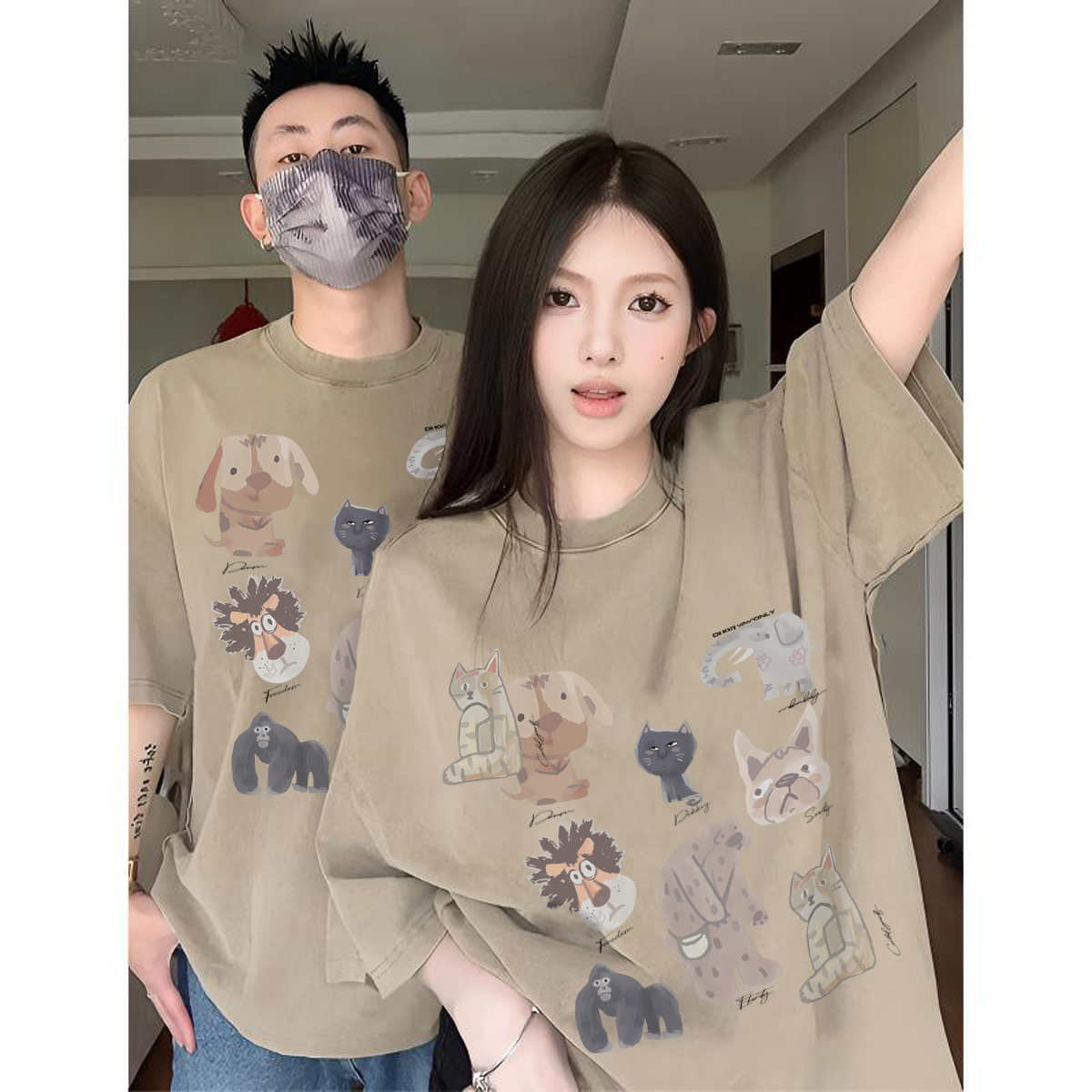 labzaa美式趣味卡通动物印花短袖t恤男春夏休闲重磅纯棉情侣上衣