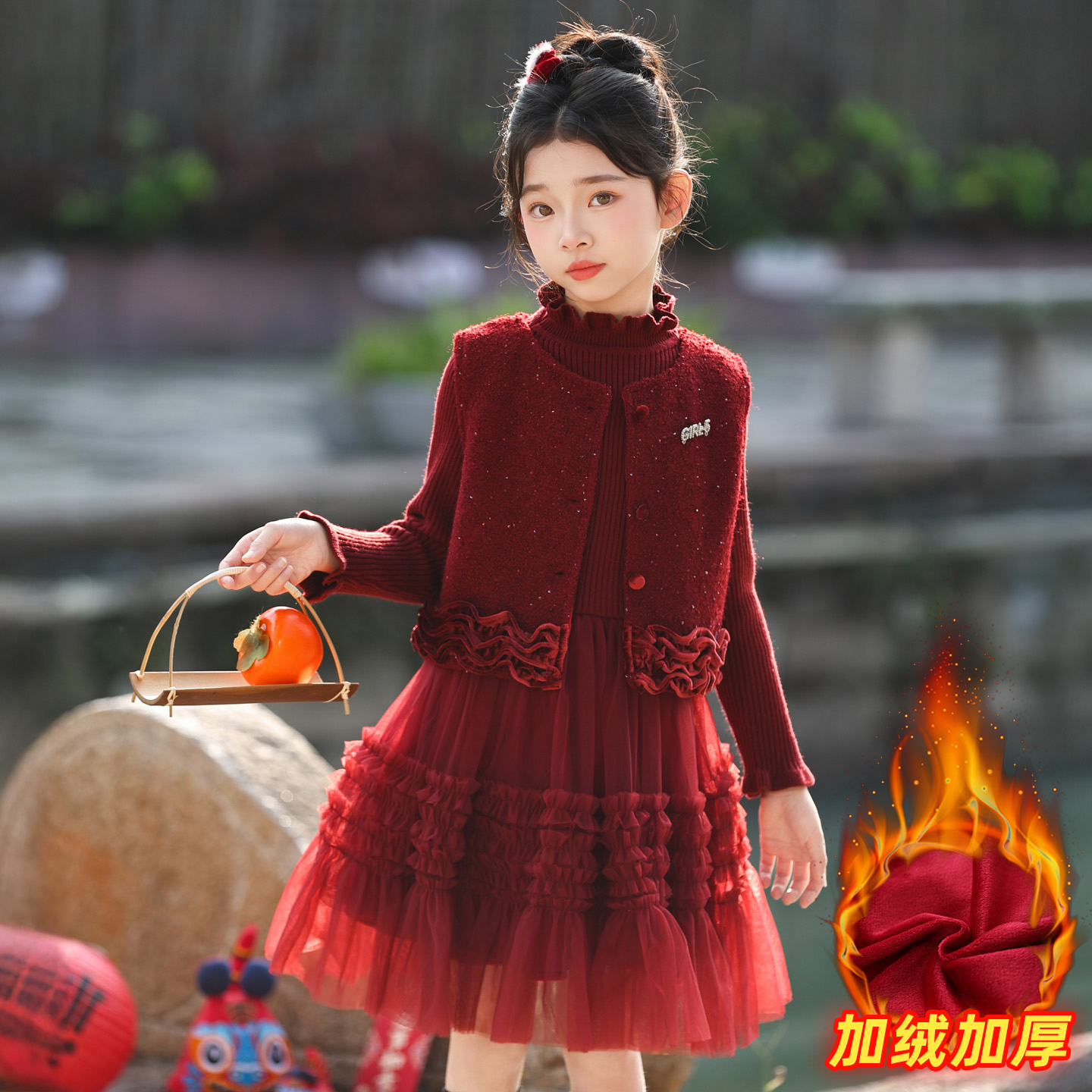 女童小香风马甲加绒毛衣裙套装2025秋冬新款女宝宝网纱针织公主裙