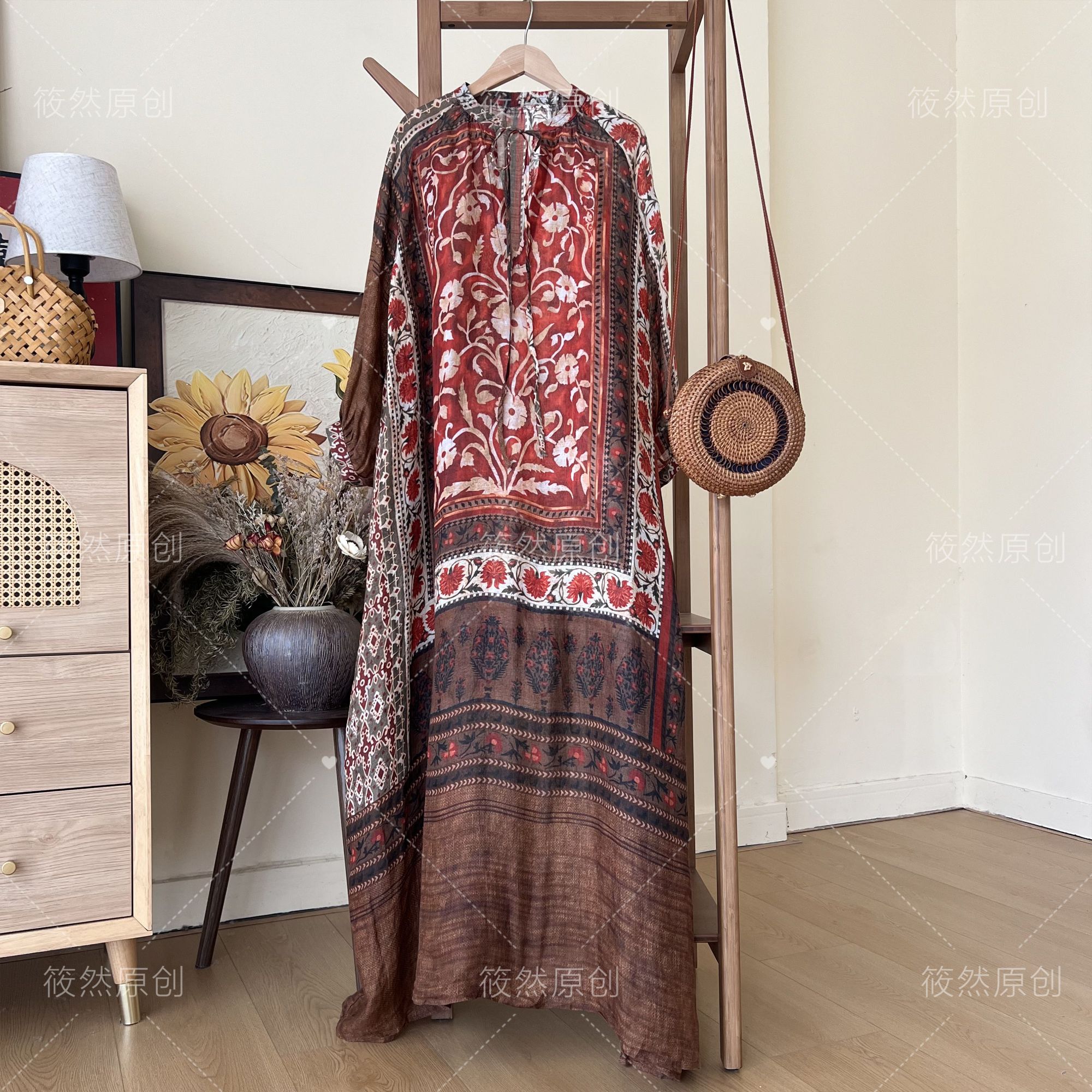 【假日红花】温柔度假风法式系带半袖连衣裙 裙长130 胸围160