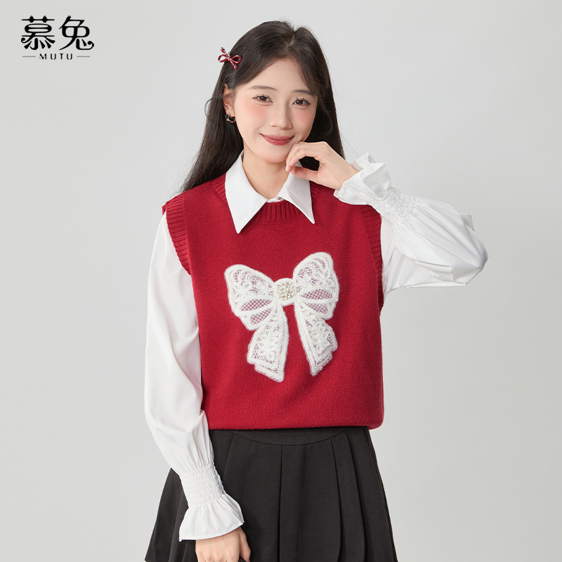 慕兔甜美蝴蝶结针织背心女2025秋季新款坎肩马甲叠穿上衣