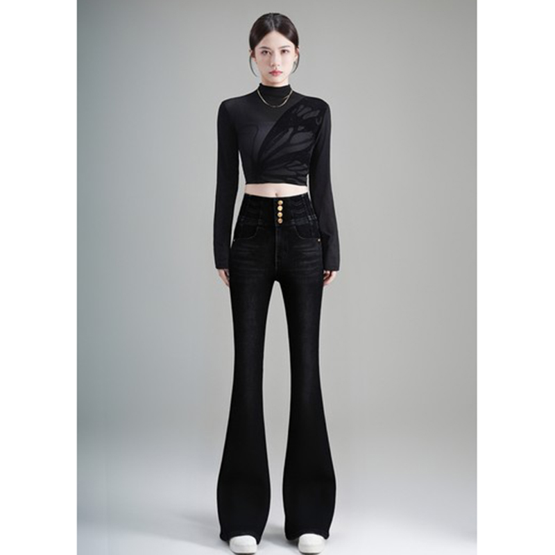 工厂原创四粒扣黑色高腰微喇牛仔女裤修身显瘦休闲时尚舒适8862