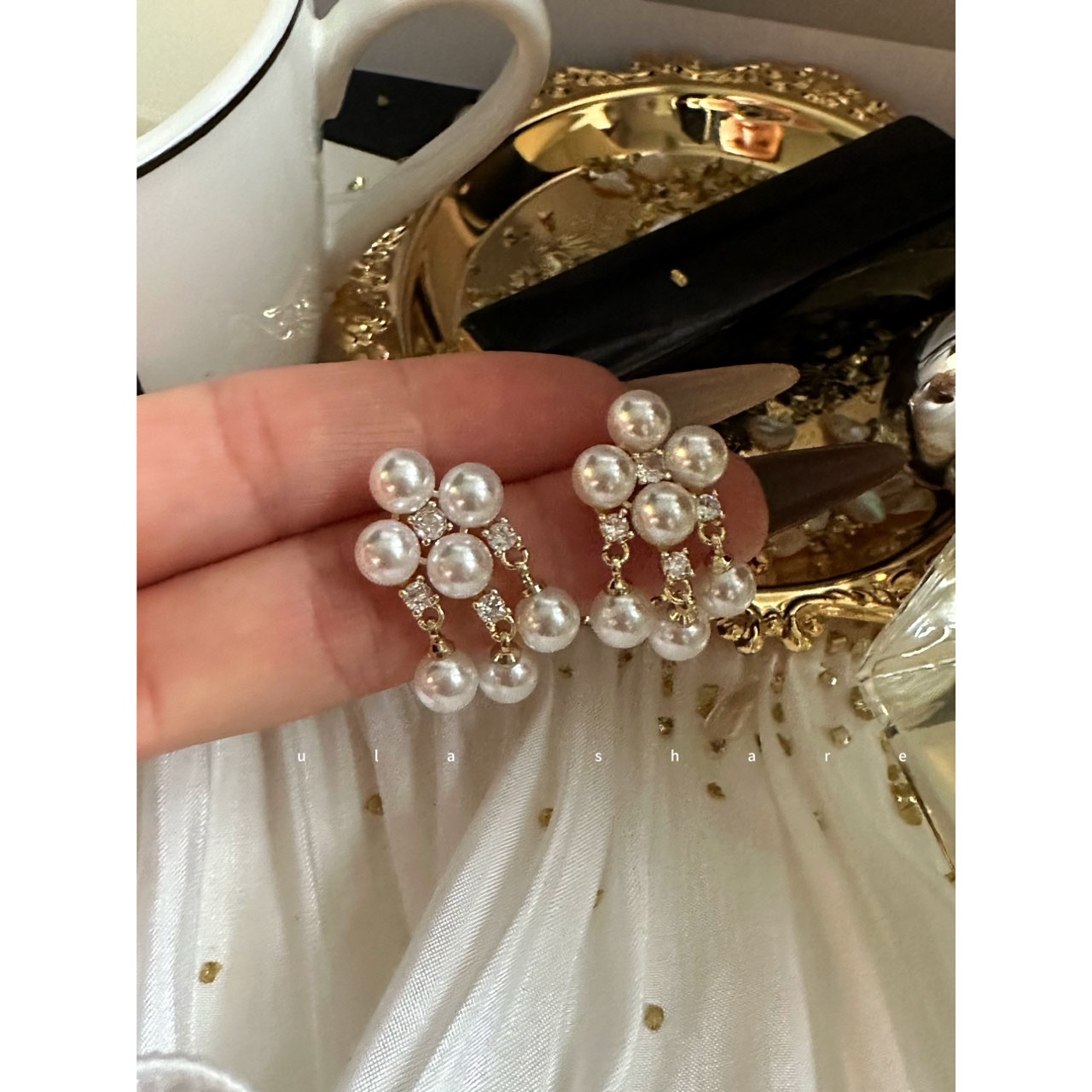 铜合金仿珍珠耳饰 「百利甜」锆石珍珠流苏耳环女气质高级感耳钉