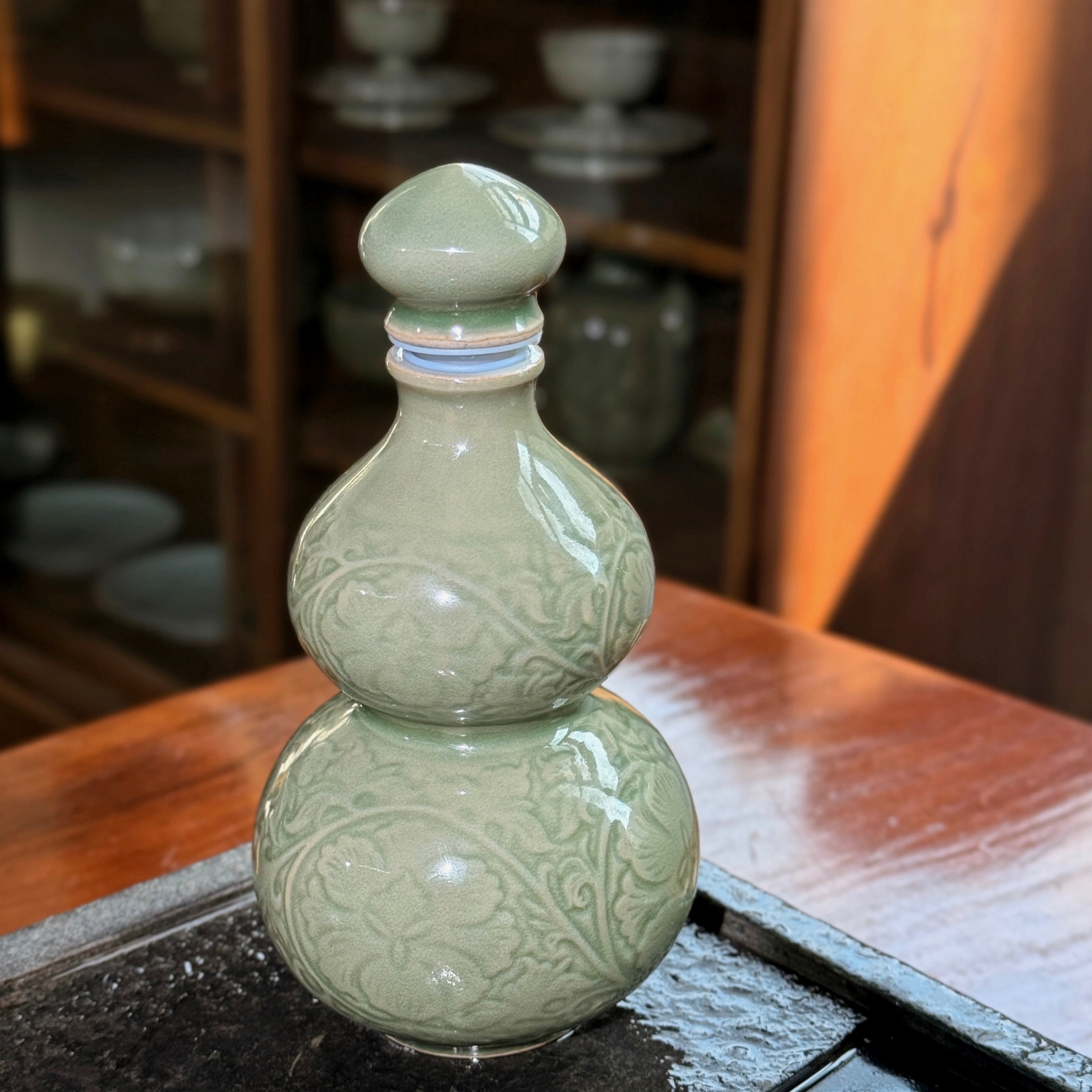 中国非遗耀州窑原矿青瓷中式创意陶瓷家用微瑕葫芦瓶花插摆件酒瓶