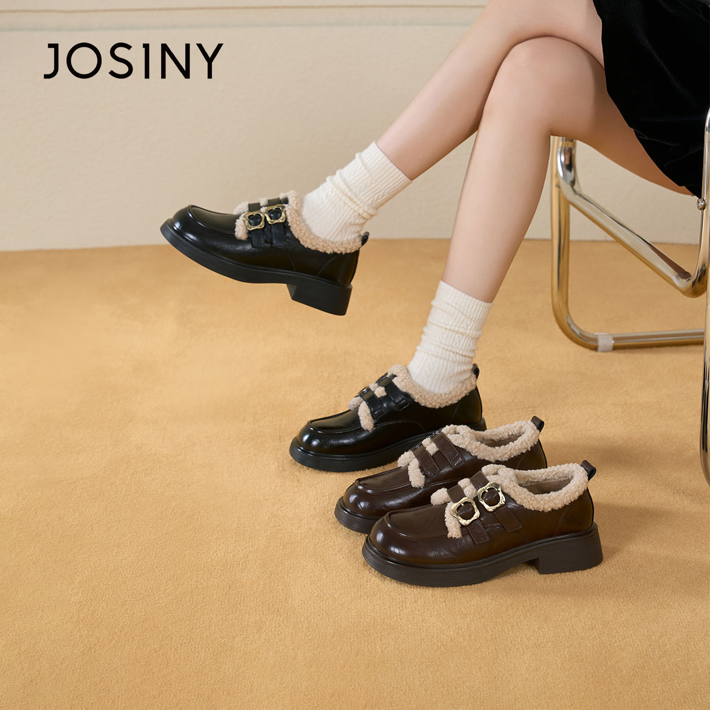 卓诗尼厚底乐福鞋女2025秋冬百搭时尚加绒勃肯鞋小皮鞋562A20845