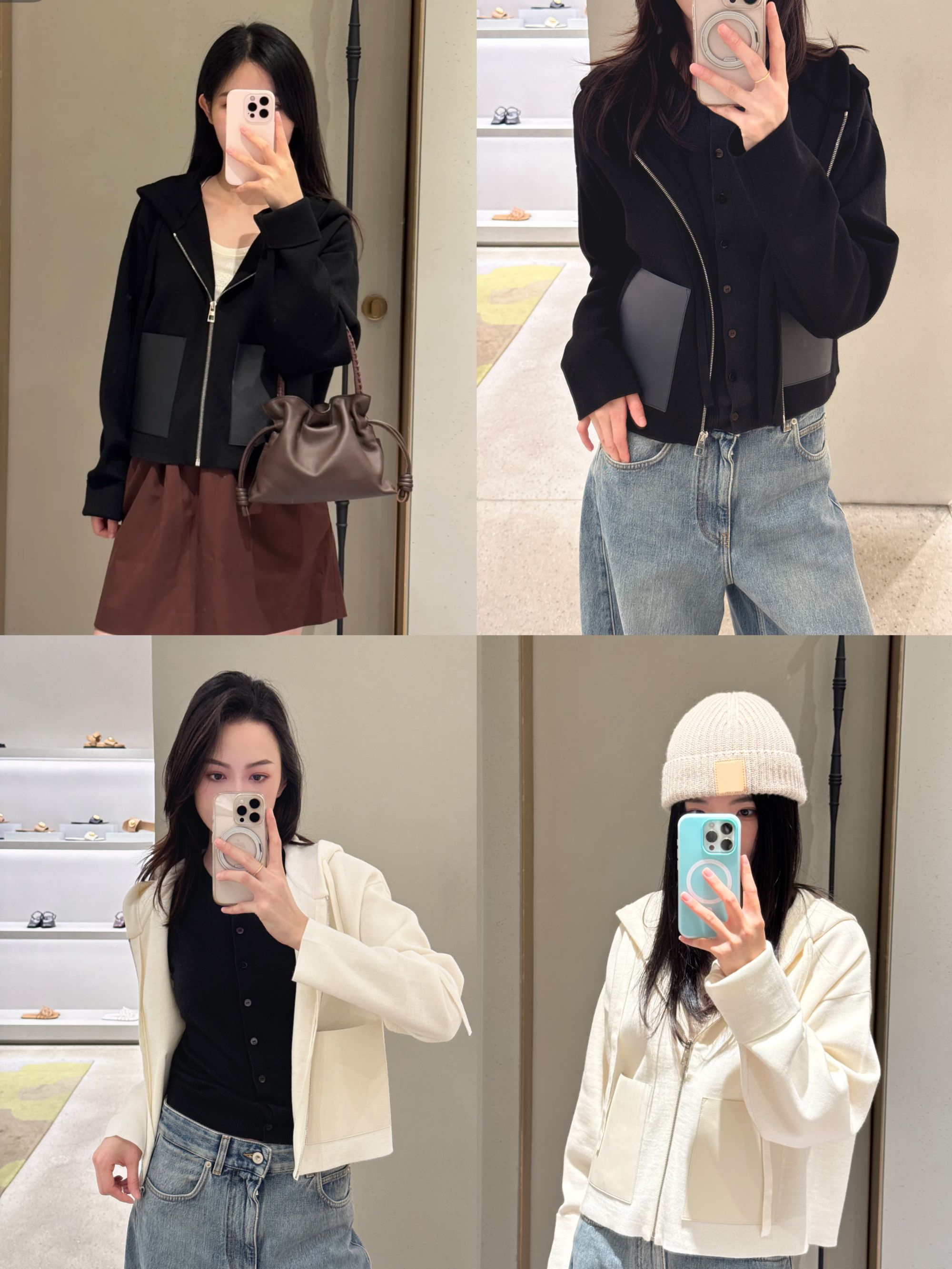 松弛有度 皮革口袋拉链连帽宽松简约廓形长袖针织开衫50583