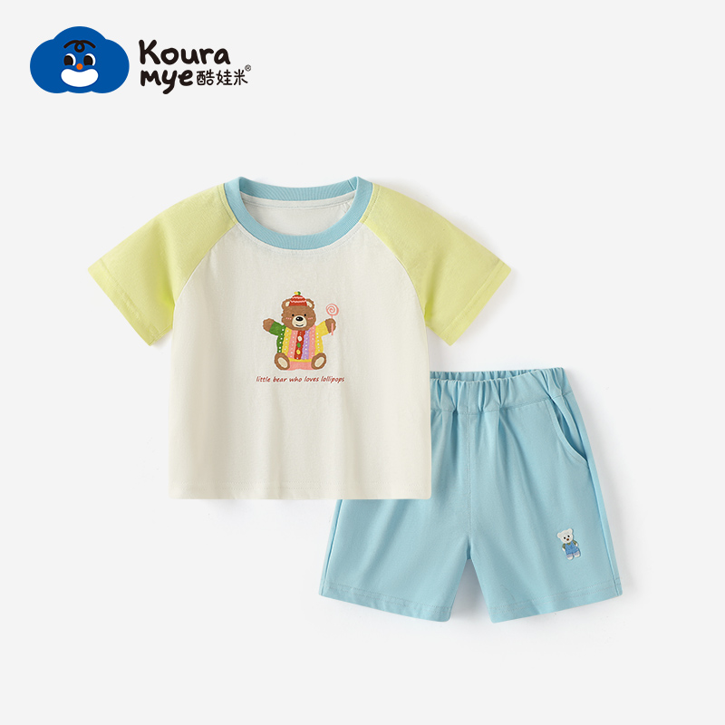 酷娃米夏款兄妹套装中小男女童时尚卡通撞色短袖50108