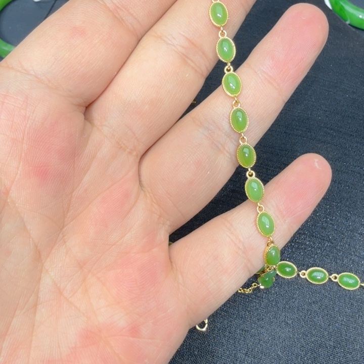和田玉（碧玉）手链银S925镀金镶嵌
