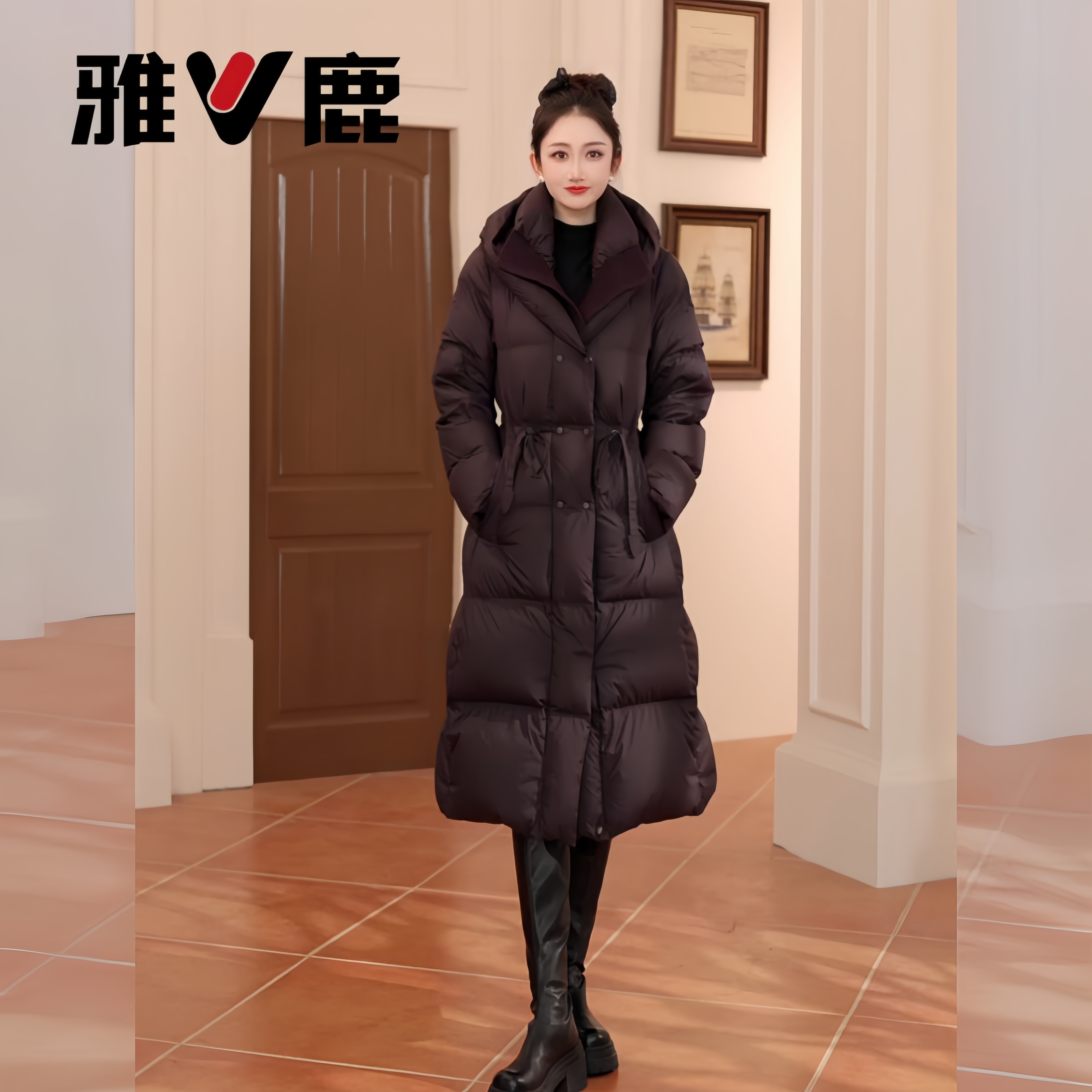 雅鹿新款保暖百搭修身毛线领女士长款鸭绒羽绒服收腰长外套