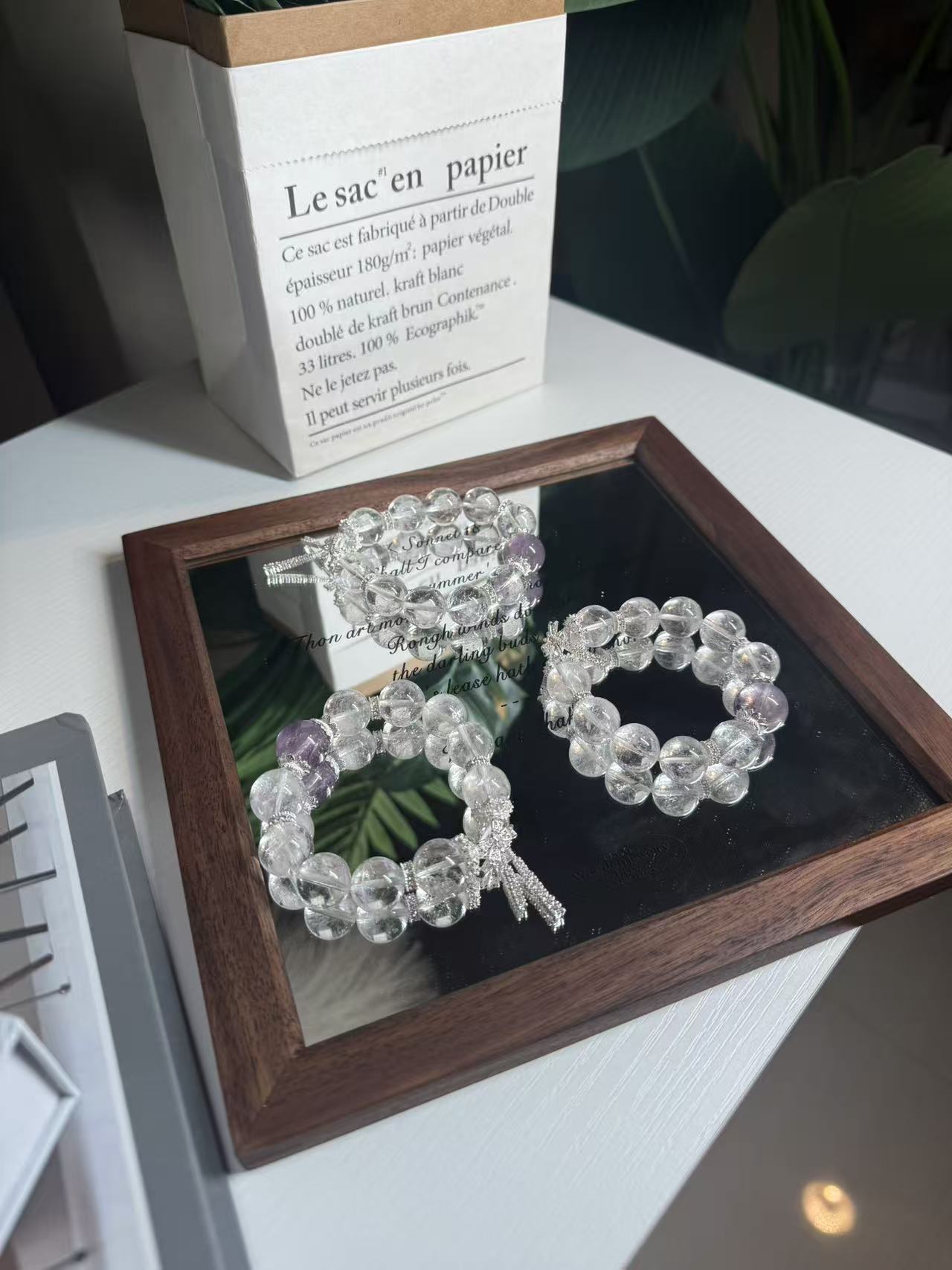 【出水芙蓉】天然白水晶玻利维亚紫水晶蝴蝶款式水晶手串