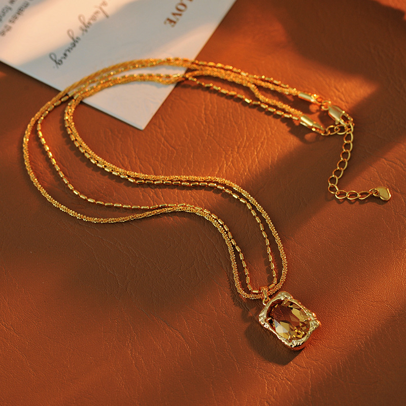 铜仿水晶吊坠 美拉德双层吊坠项链女秋冬毛衣链颈链锁骨链配饰