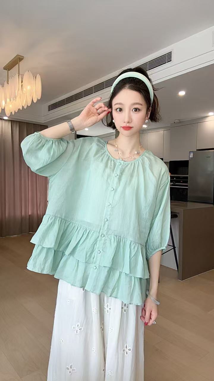小玉推荐 清新绿花边苎麻衬衫