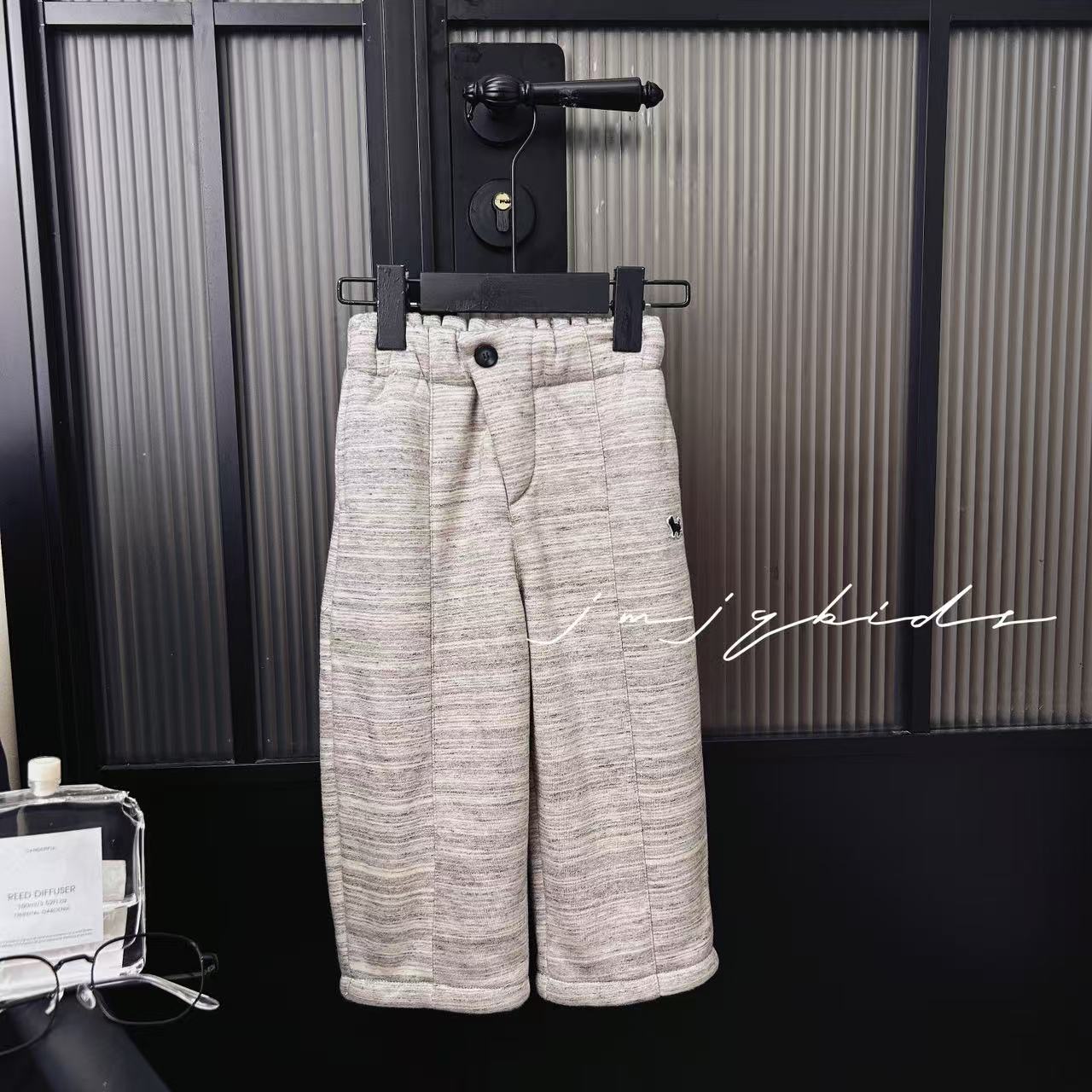 JMJQ秋冬韩版男女宝时尚洋气阔版保暖加厚夹毛条纹长裤251332-1