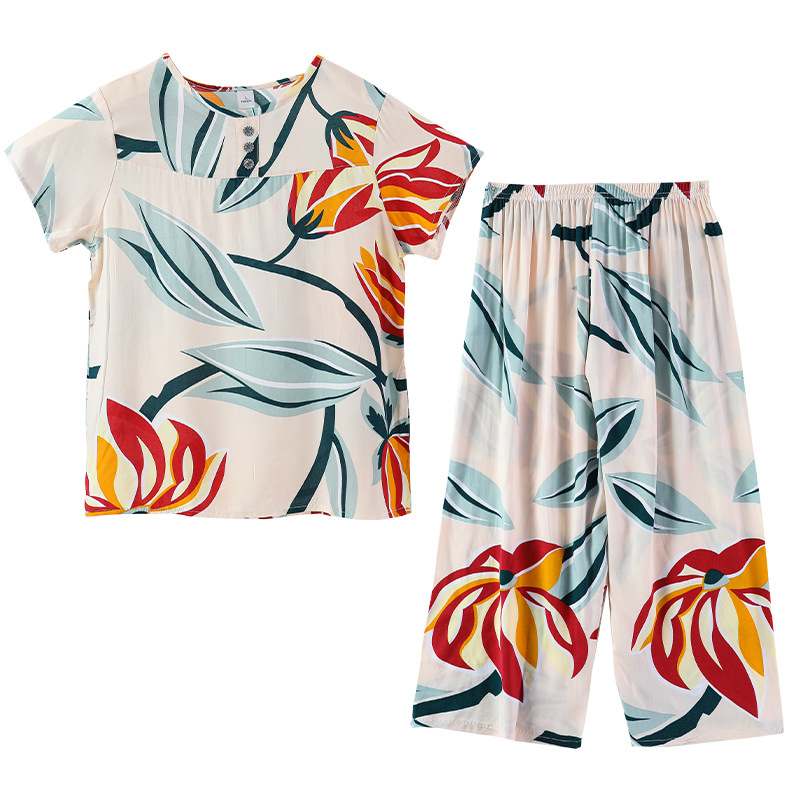 支家居服套装45短袖夏季睡衣中老年人高密薄款棉绸妈妈装女人造棉