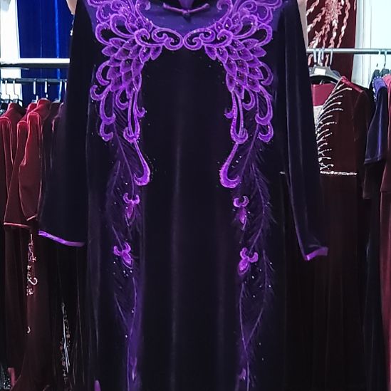 4XL旗袍刺绣紫色金丝绒