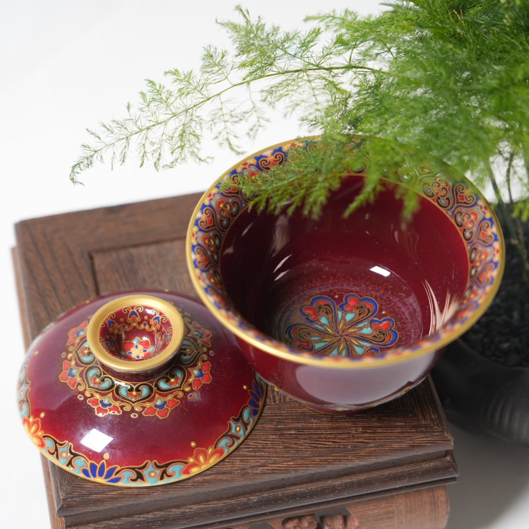 景德镇陶瓷-古县衙均红金银错盖碗