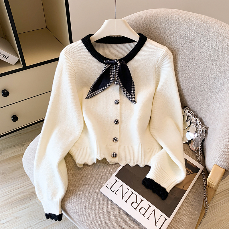 法式拼色小香风蝴蝶结毛衣外套女2025秋冬新款甜美洋气针织衫上衣