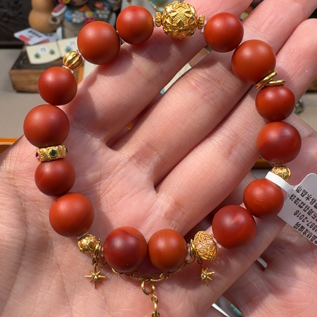 南红玛瑙18K金镶嵌手串绿松石南红
