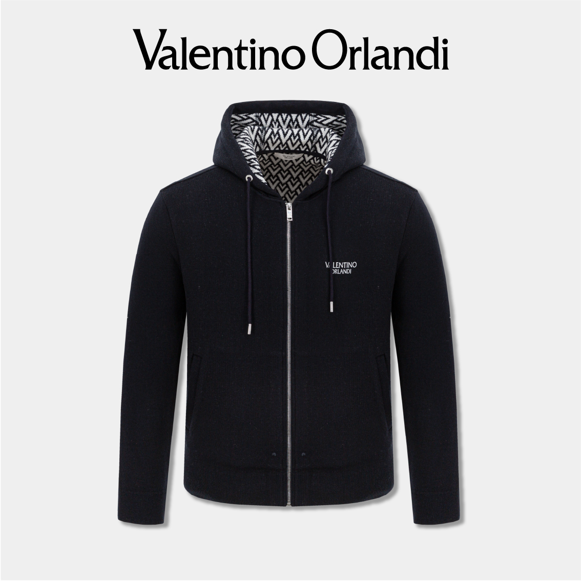 Valentino orlandi男士春秋B版时尚百搭撞色刺绣小标连帽针织夹克