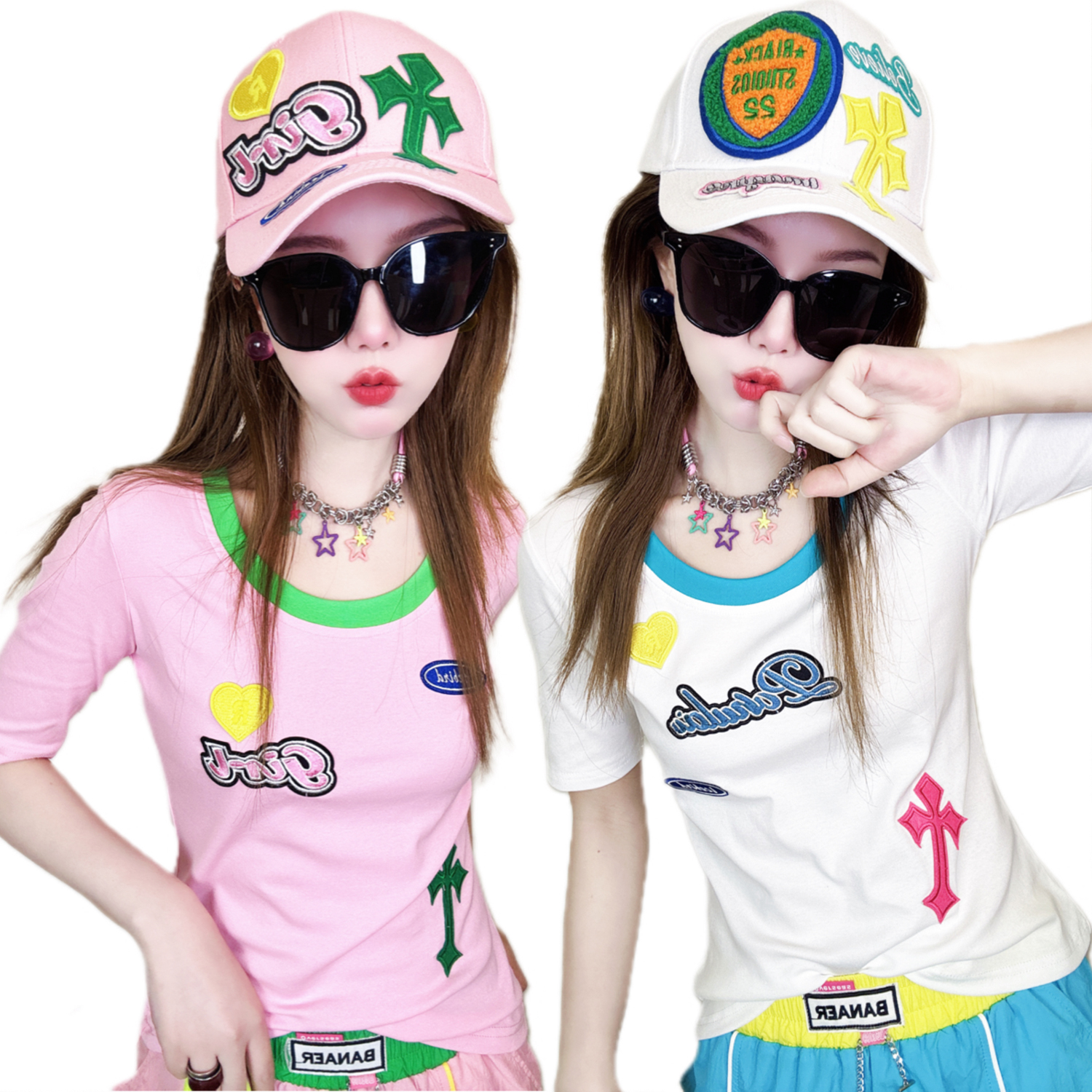 A354夏装新款修身显瘦时尚洋气减龄手工百搭撞色假两件短袖T恤女